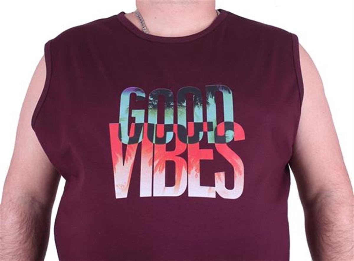 Starbattal Büyük Beden Erkek Baskılı Kolsuz Tişört Good Vibes 23141 BORDO