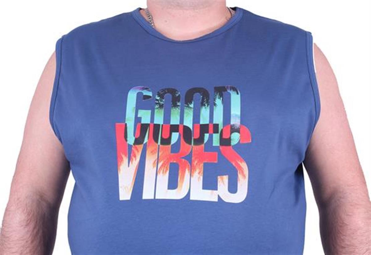 Starbattal Büyük Beden Erkek Baskılı Kolsuz Tişört Good Vibes 23141 INDIGO