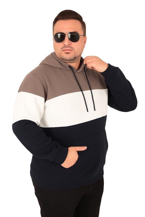 Starbattal Büyük Beden Kapüşonlu 3ip Sweat MG 25725 Vizon