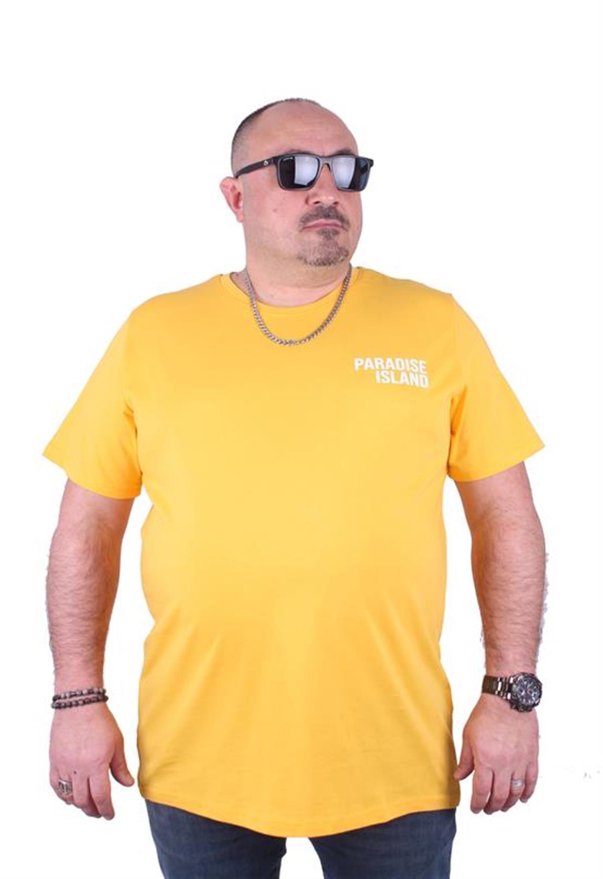 Starbattal Büyük Beden Sıfır Yaka Tişört Paradise İsland 23103 SARI