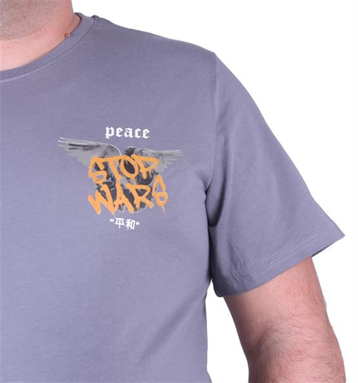 Starbattal Büyük Beden Sıfır Yaka Tişört Peace 23100 GRI