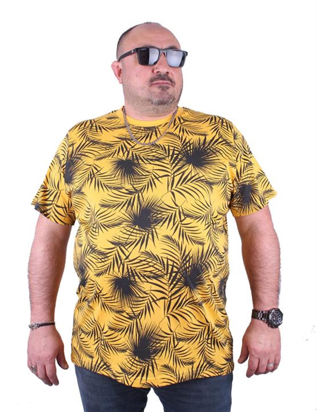Starbattal Büyük Beden Sıfır Yaka Tişört Palm Leaf 23148 SARI