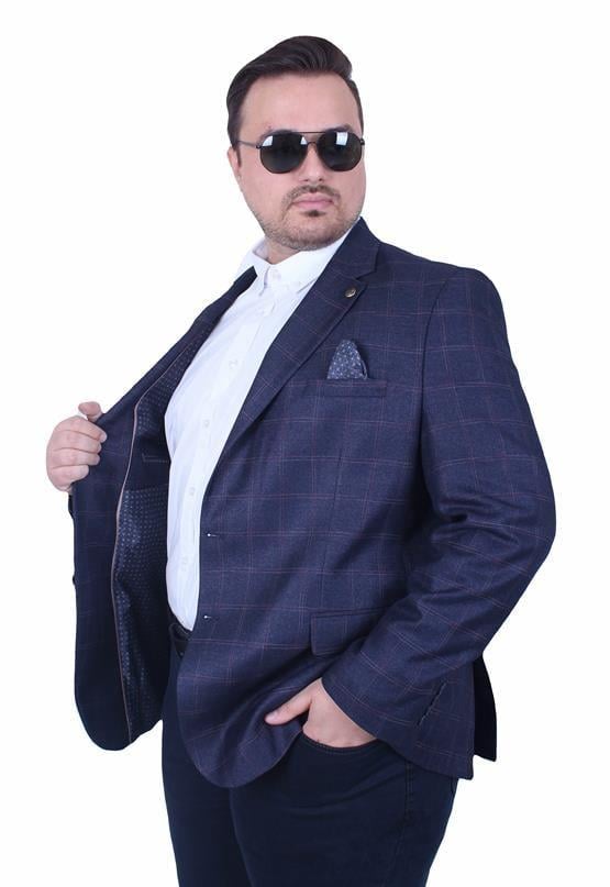 Starbattal Erkek Büyük Beden 4 Drop Blazer Ekose Ceket 500605 LACIVERT