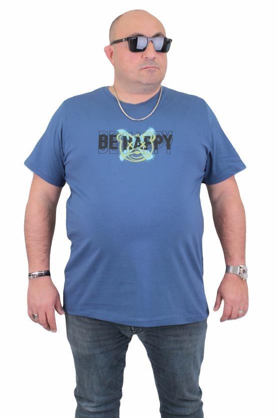 Starbattal Erkek Büyük Beden Sıfır Yaka Tişört Be Happy 24131 INDIGO