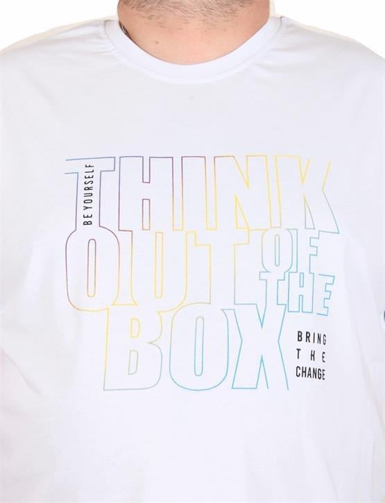 Starbattal Erkek Büyük Beden Sıfır Yaka Tişört Think Out Box 25163 BEYAZ