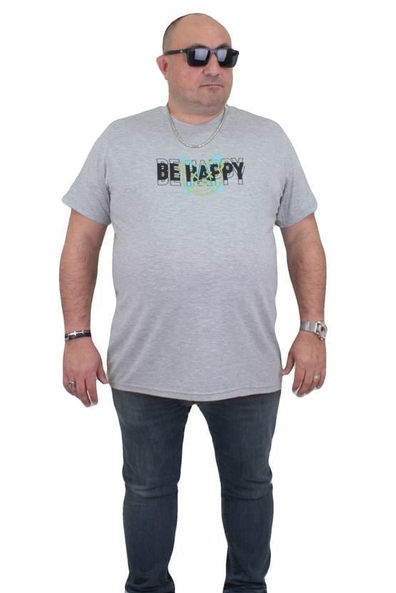 Starbattal Erkek Büyük Beden Sıfır Yaka Tişört Be Happy 24131 GRI MELANJ
