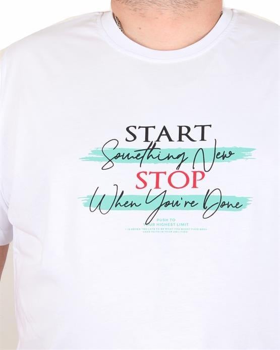Starbattal Erkek Büyük Beden Sıfır Yaka Tişört Start Stop 25178 BEYAZ