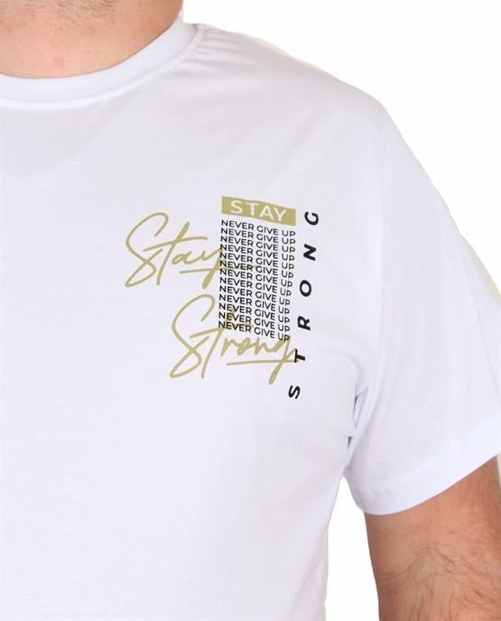 Starbattal Erkek Büyük Beden Sıfır Yaka Tişört Stay Strong 25159 BEYAZ