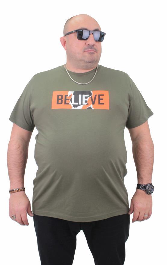 Starbattal Erkek Büyük Beden Sıfır Yaka Tişört Believe 23180 HAKI