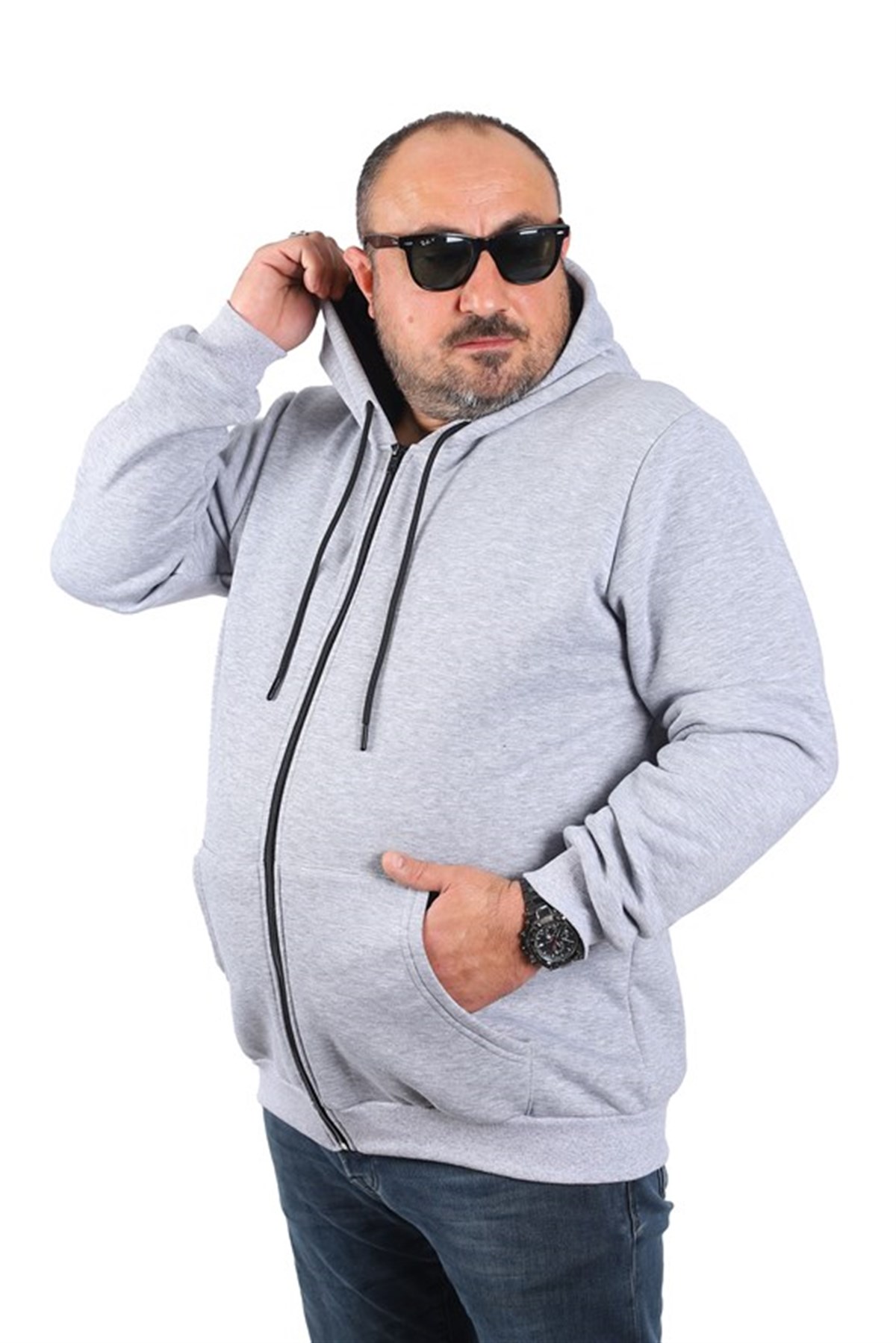 Starbattal Büyük Beden Unisex Kapüşonlu 3ip Sweat 11701 GRI MELANJ
