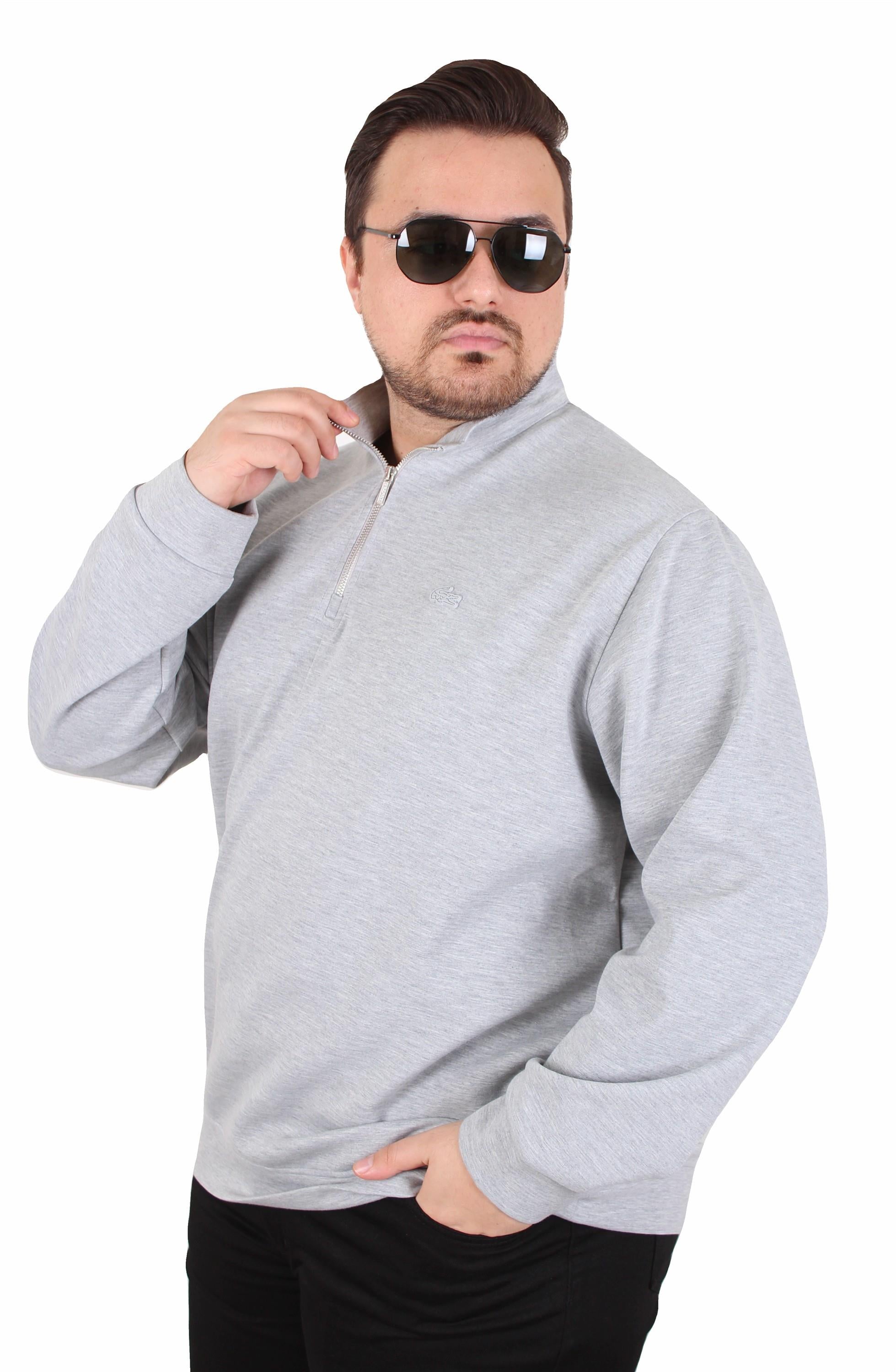 Erkek Büyük Beden Polo Yaka Fermuarlı Sweat Double Face LCST. 25710 GRI