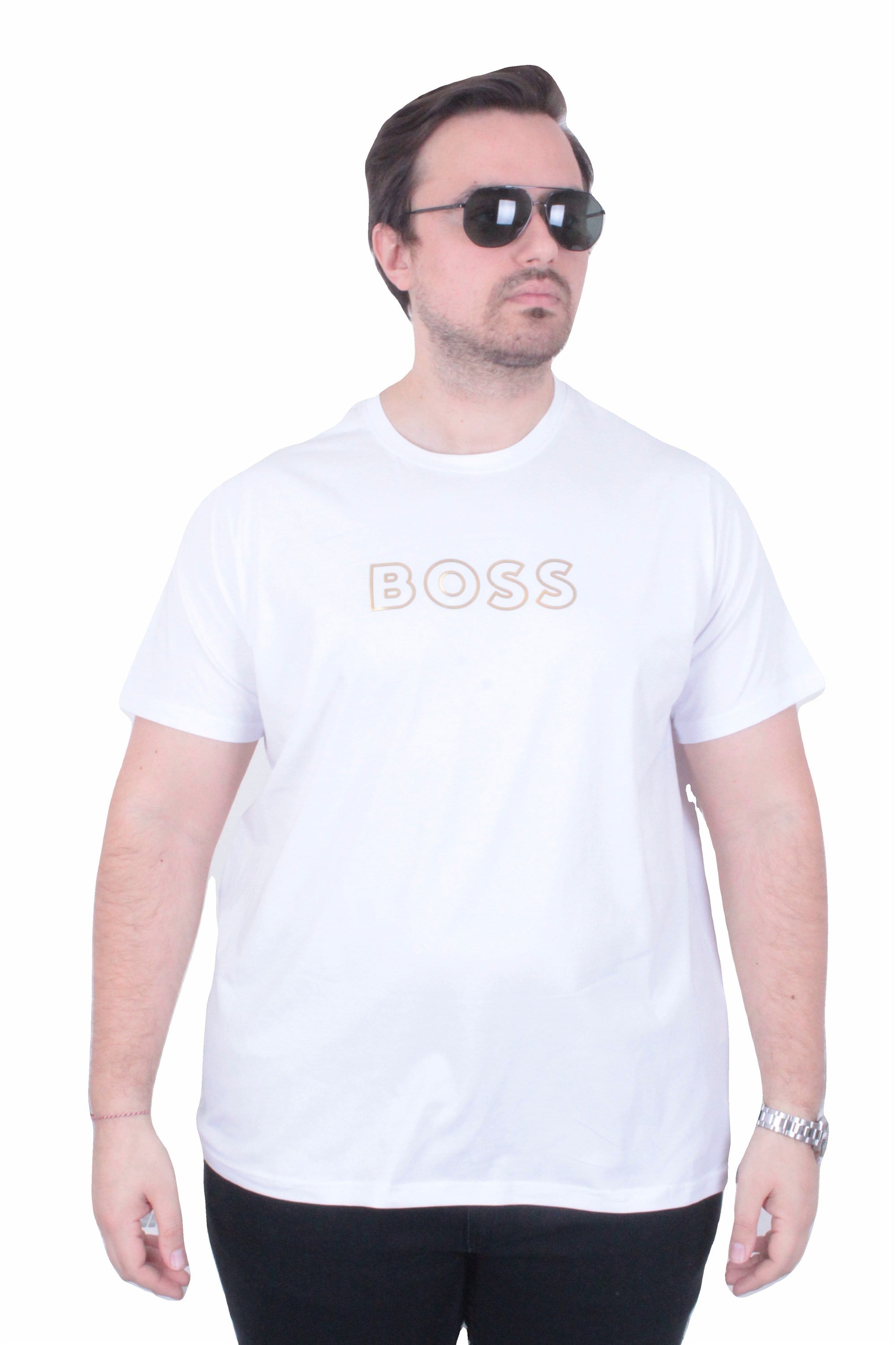 Erkek Büyük Beden Sıfır Yaka Tişört HG 26116 BEYAZ