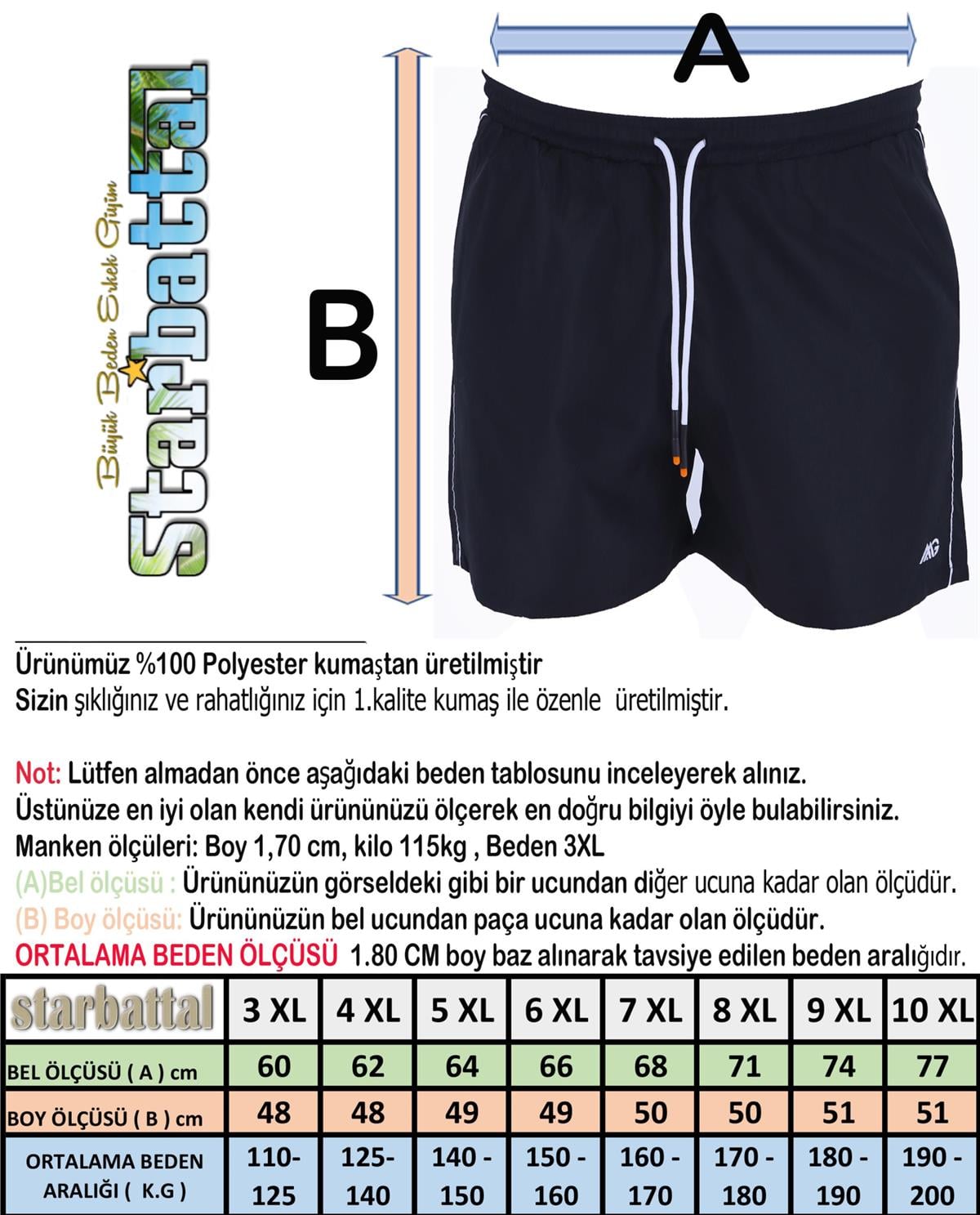 Starbattal Büyük Beden Deniz Şortu MG 23679 LACIVERT