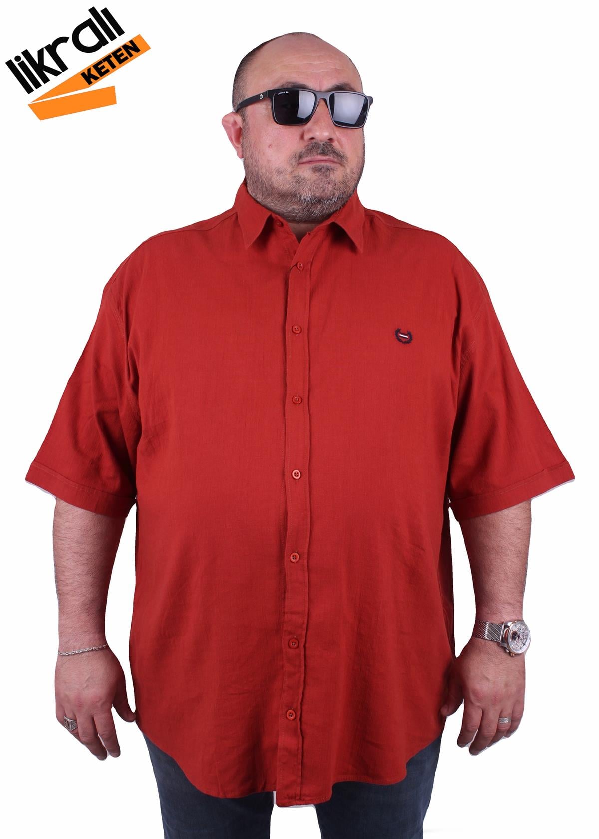 Starbattal Büyük Beden Kısa Kol Erkek Likralı Keten Gömlek 11300 KIREMIT