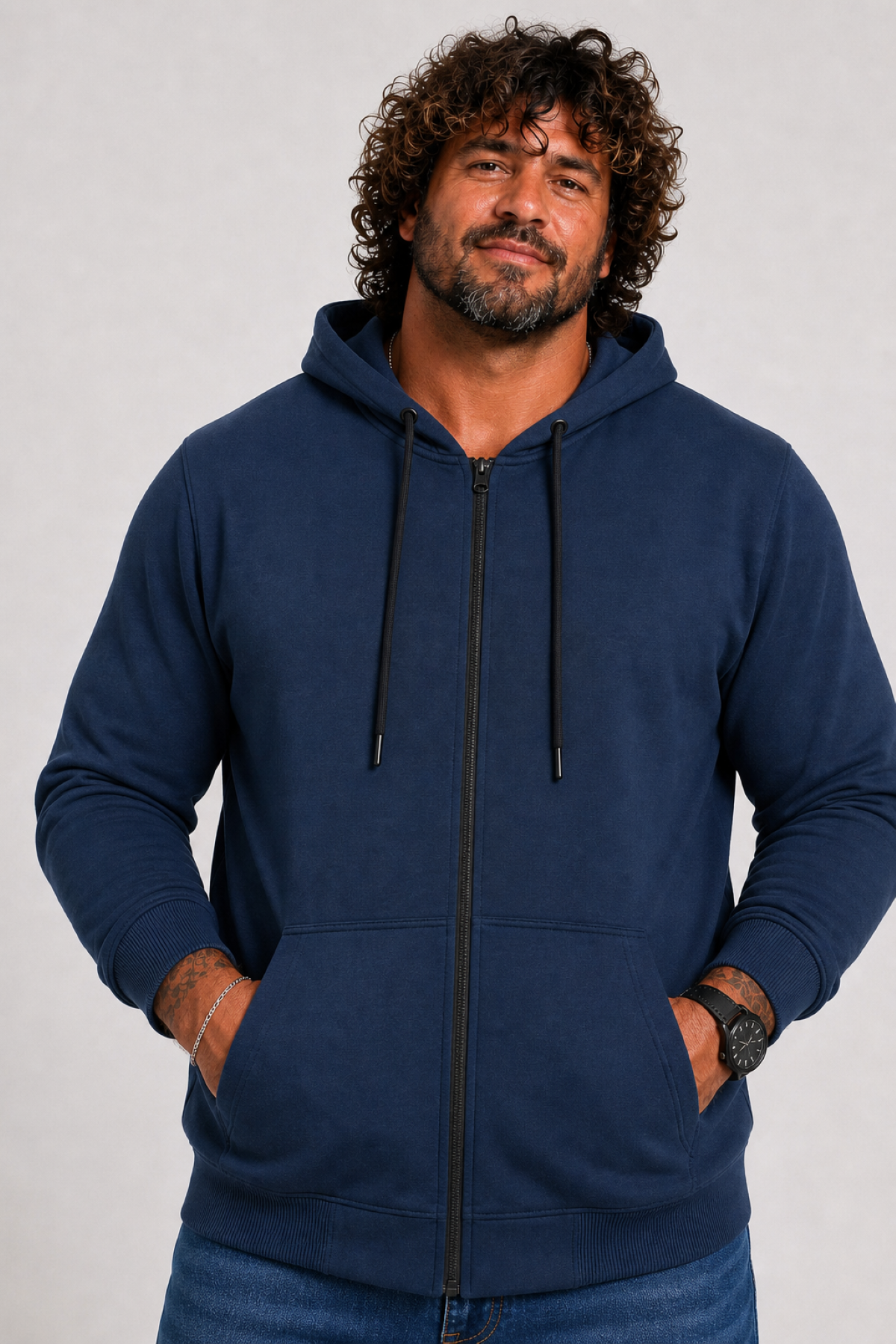 Starbattal Büyük Beden Basic Mevsimlik Fermuarlı Kapüşonlu Sweat 22751 INDIGO