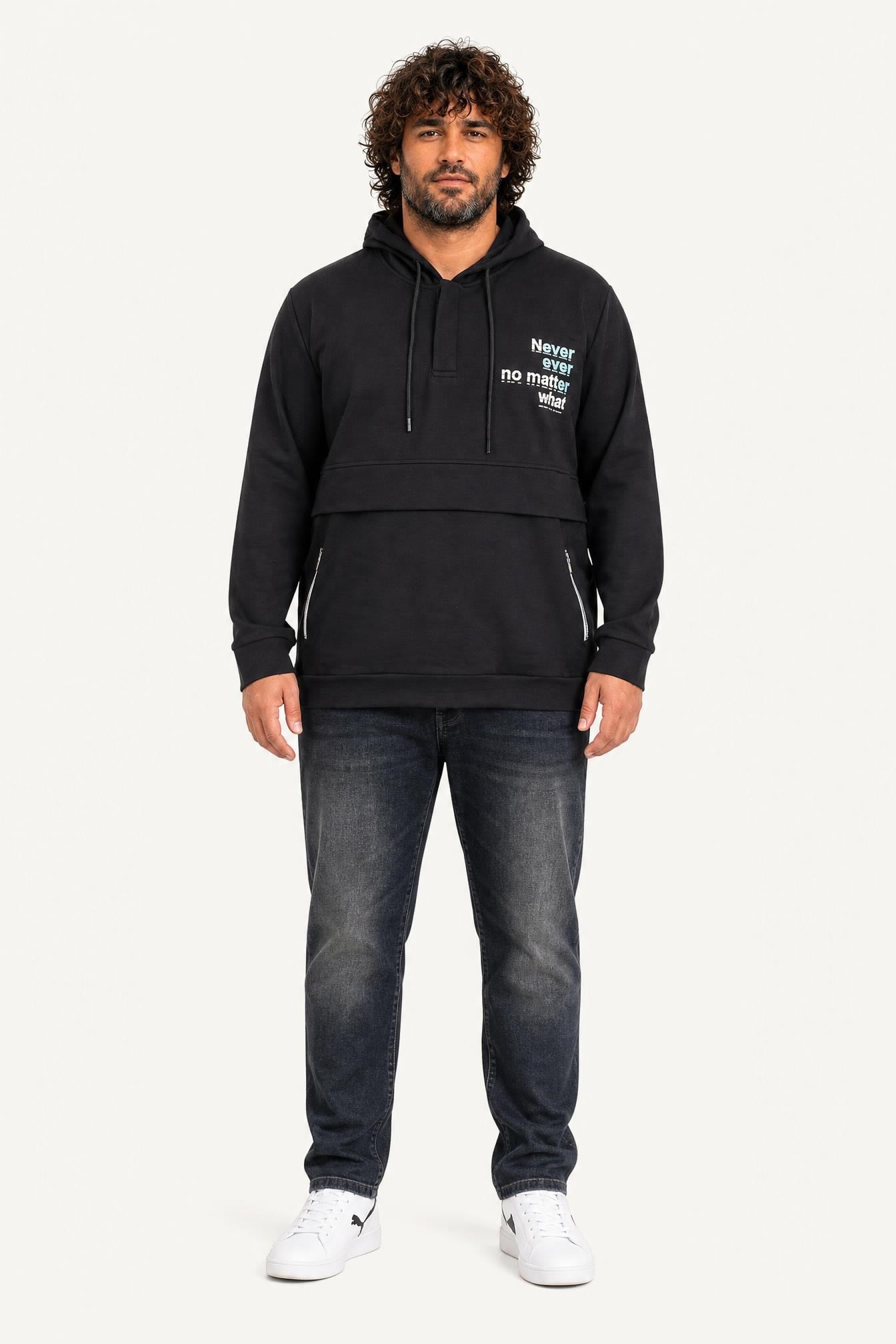Starbattal Büyük Beden Kapüşonlu Sweat Double Face Never 25706 SIYAH