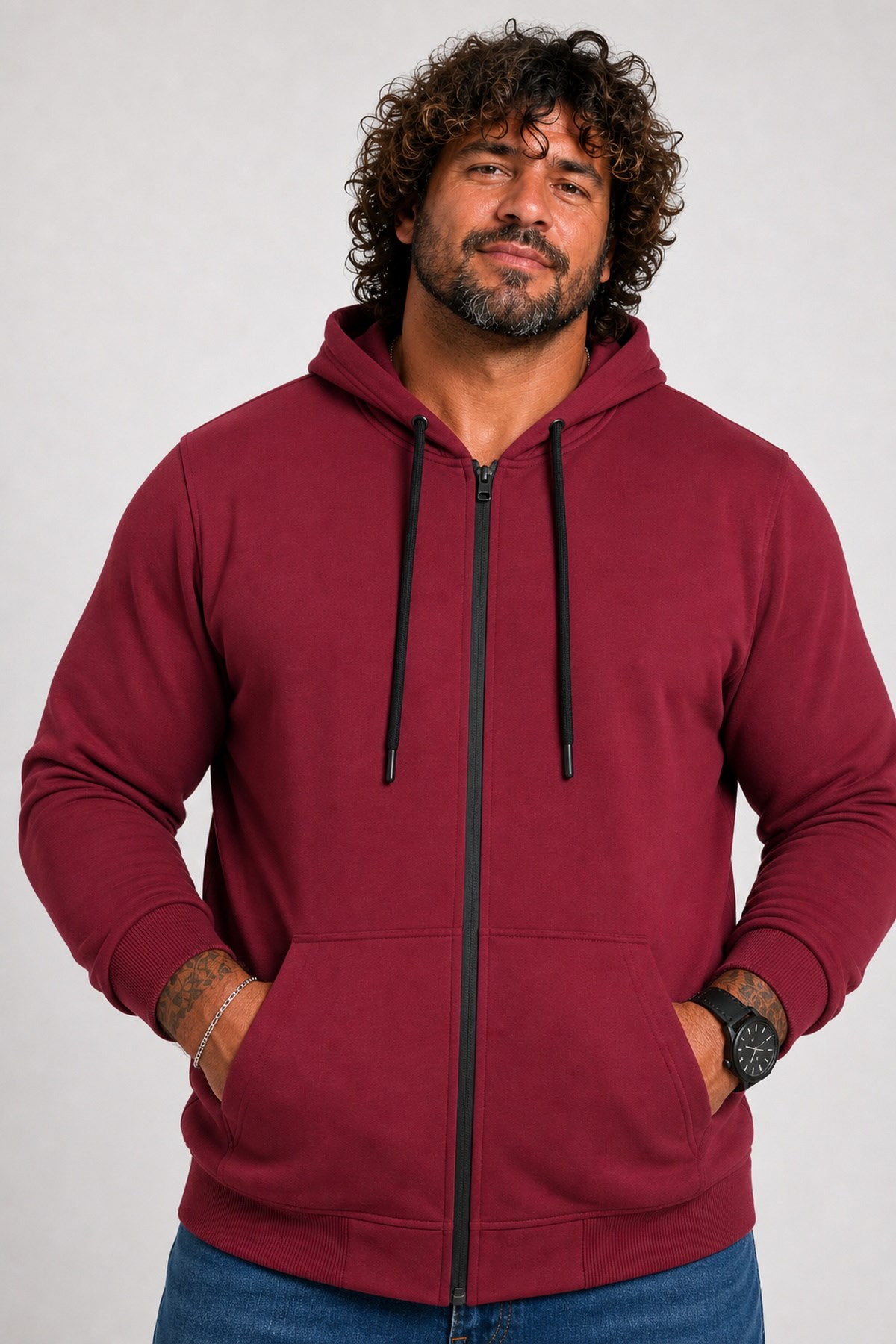Starbattal Büyük Beden Basic Mevsimlik Fermuarlı Kapüşonlu Sweat 22751 BORDO