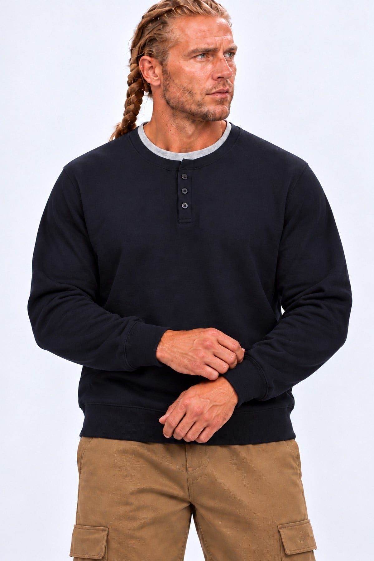 Starbattal Erkek Büyük Beden Henley Yaka Double Face Sweat 26707 LACIVERT