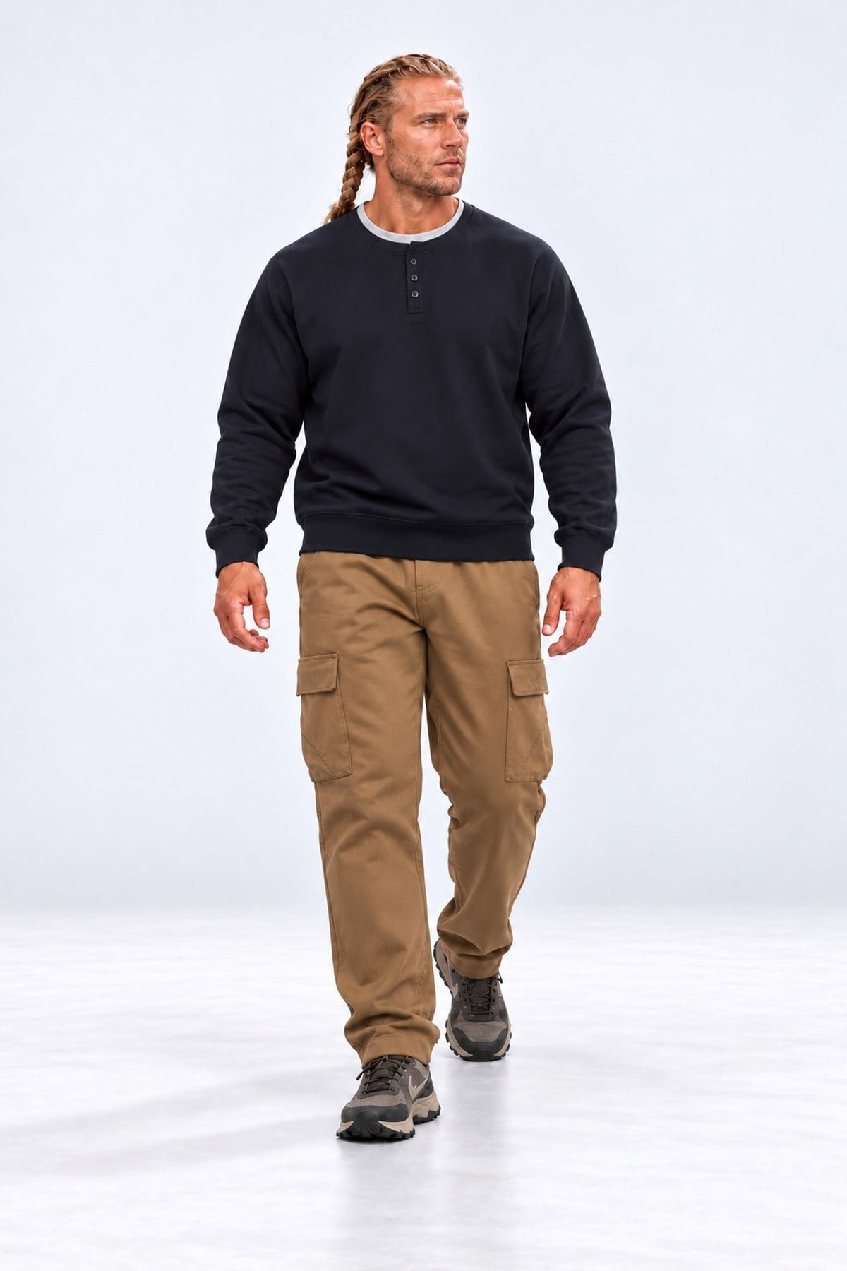 Starbattal Erkek Büyük Beden Henley Yaka Double Face Sweat 26707 LACIVERT