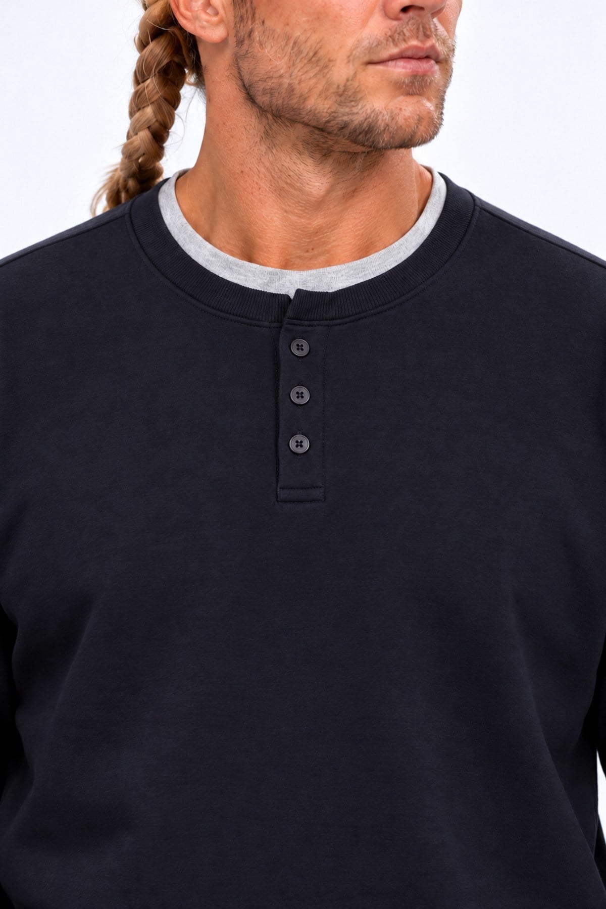 Starbattal Erkek Büyük Beden Henley Yaka Double Face Sweat 26707 LACIVERT