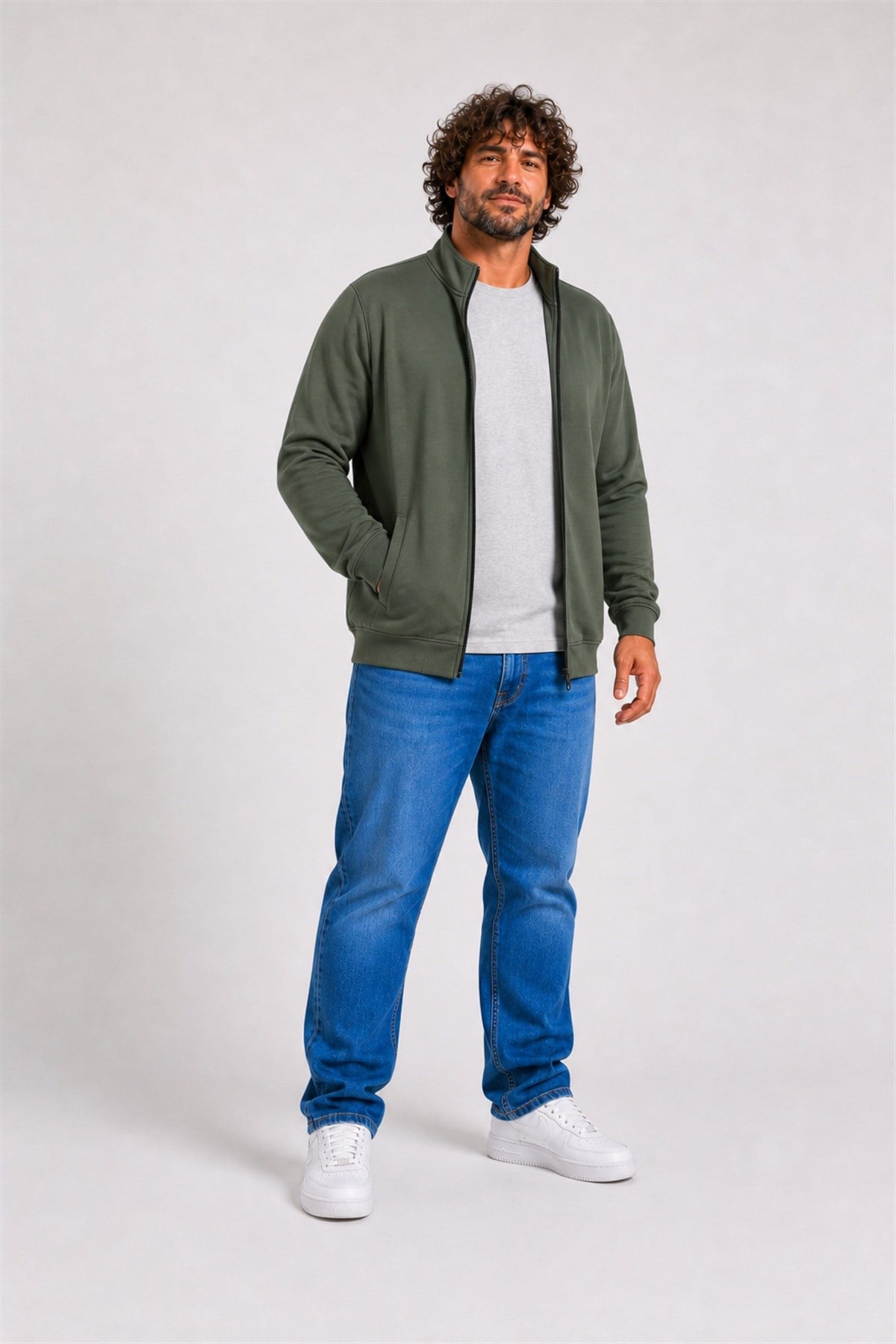 Starbattal Büyük Beden Basic Mevsimlik Fermuarlı Sweatshirt 22750 HAKI