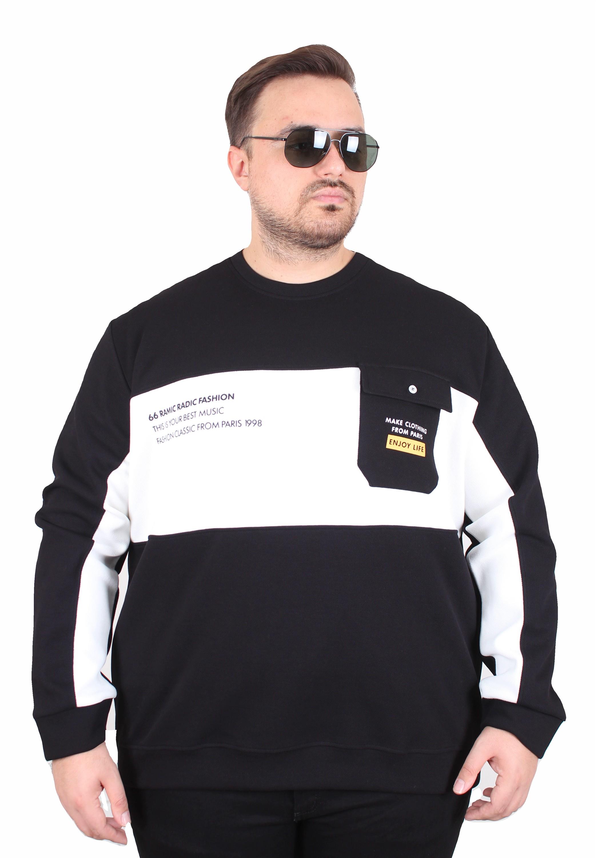 Starbattal Büyük Beden Bisiklet Yaka Cepli Sweat Double Face Pike 25702 SIYAH