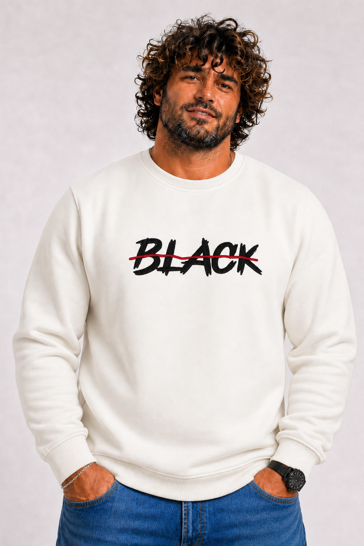 Starbattal Erkek Büyük Beden Sıfır Yaka 3ip Sweat Black 24202 EKRU