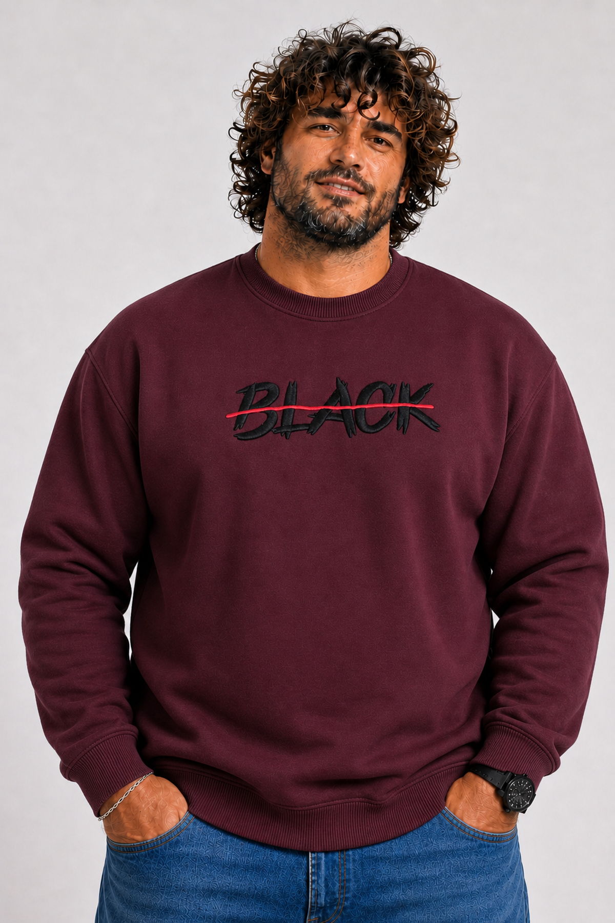 Starbattal Erkek Büyük Beden Sıfır Yaka 3ip Sweat Black 24202 MURDUM