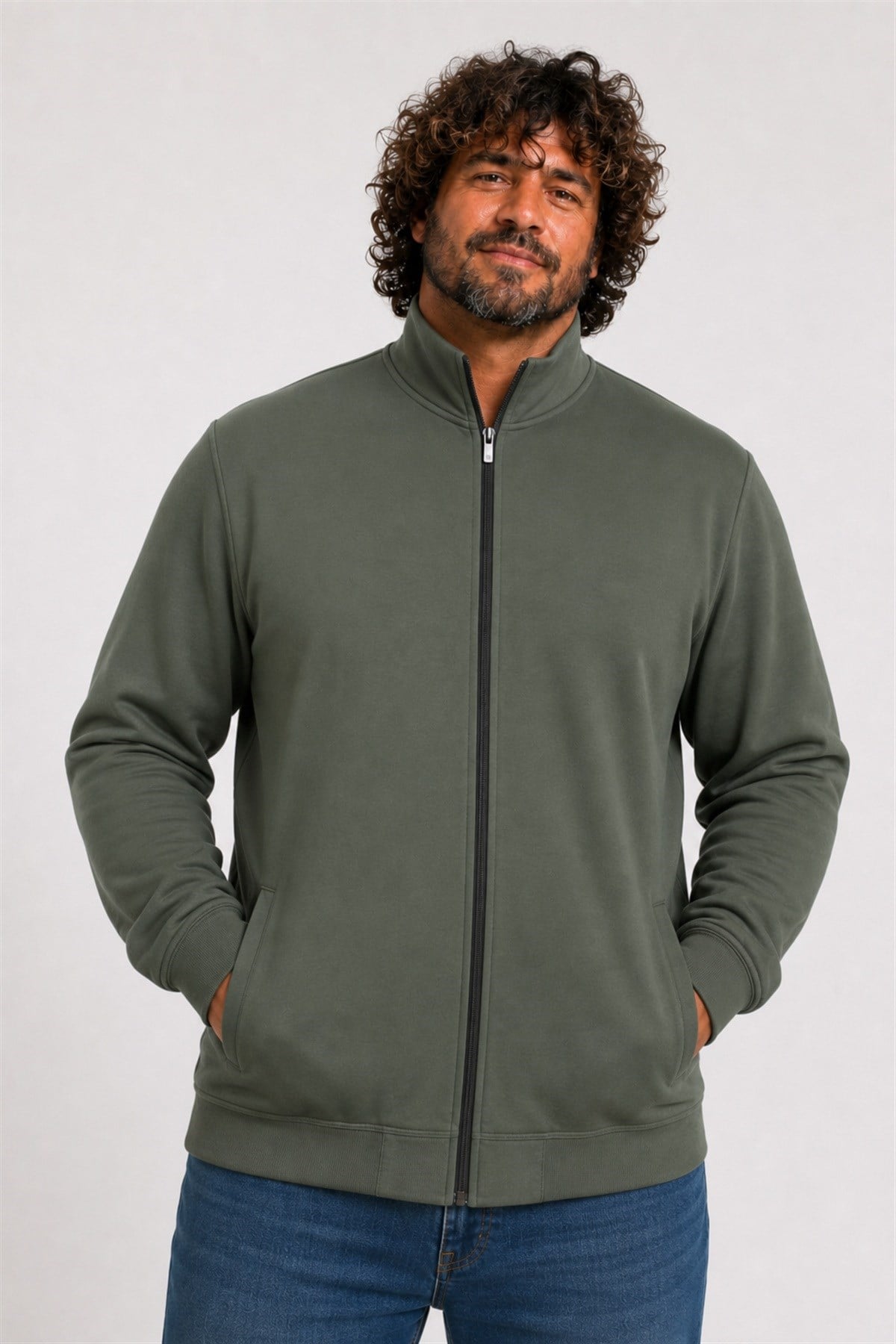 Starbattal Büyük Beden Basic Mevsimlik Fermuarlı Sweatshirt 22750 HAKI