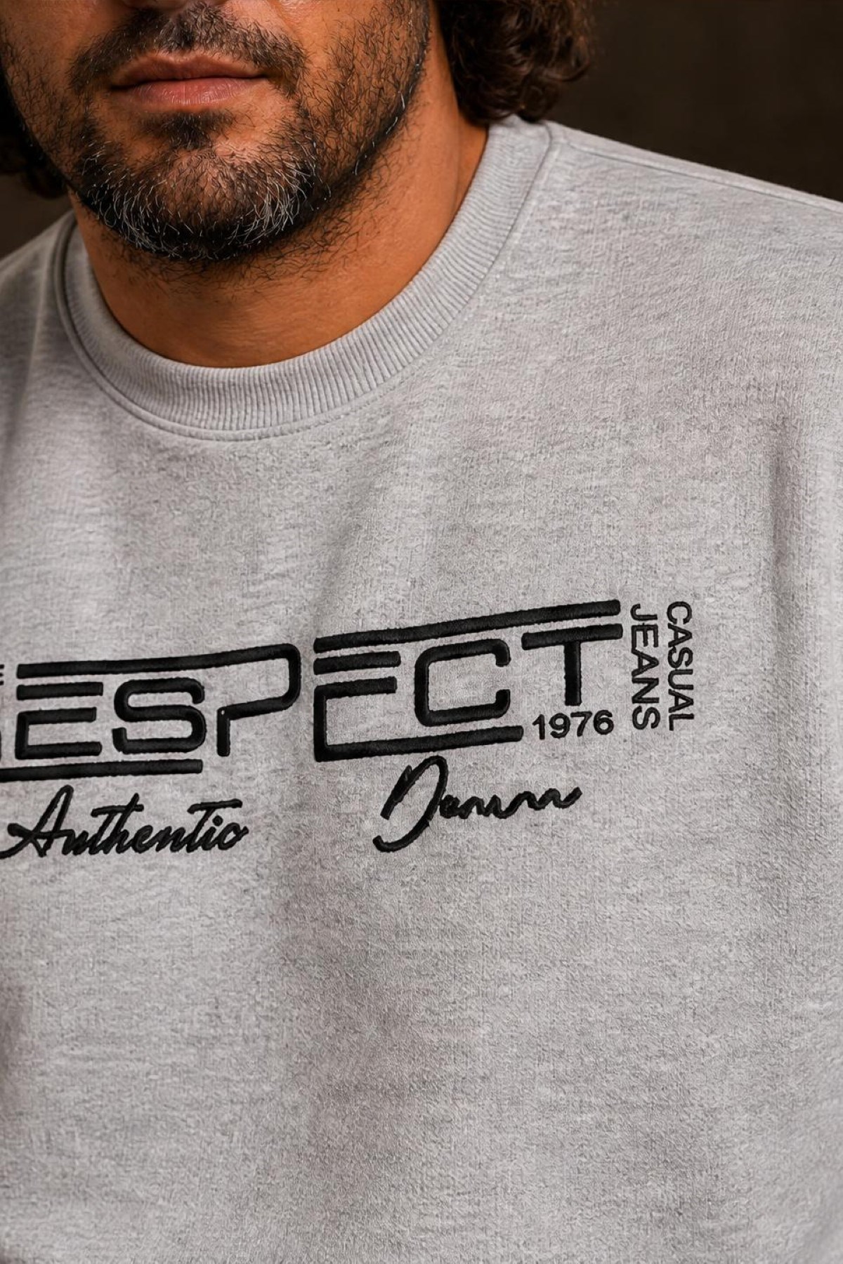 Starbattal Erkek Büyük Beden Sıfır Yaka 3ip Sweat Respect 24205 GRI MELANJ