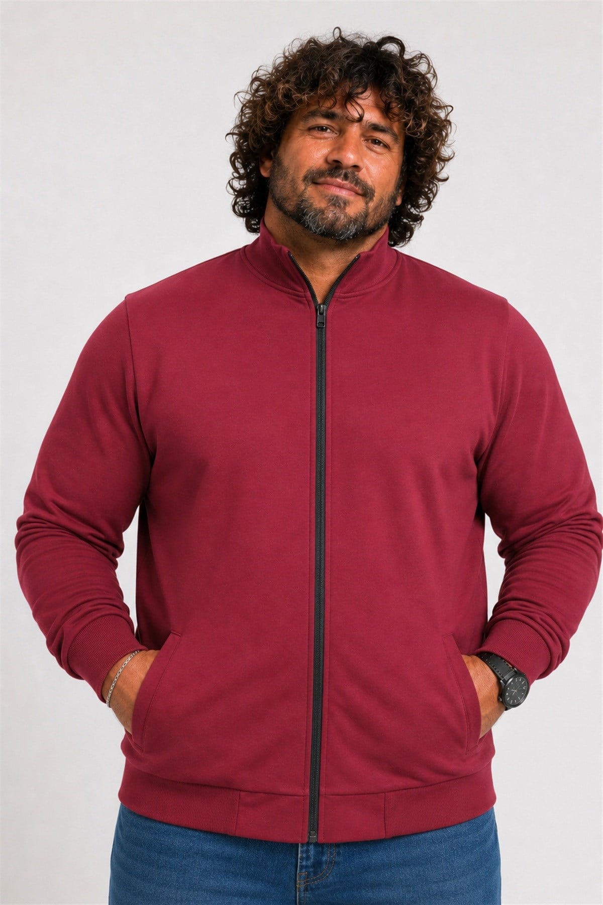 Starbattal Büyük Beden Basic Mevsimlik Fermuarlı Sweatshirt 22750 BORDO