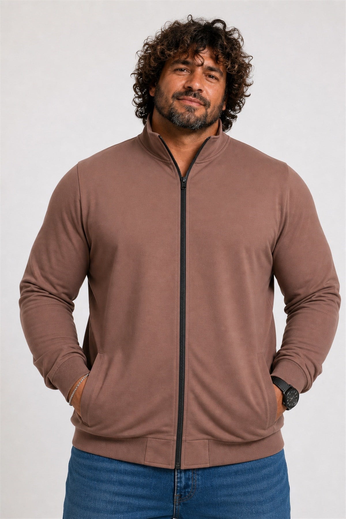 Starbattal Büyük Beden Basic Mevsimlik Fermuarlı Sweatshirt 22750 TABA