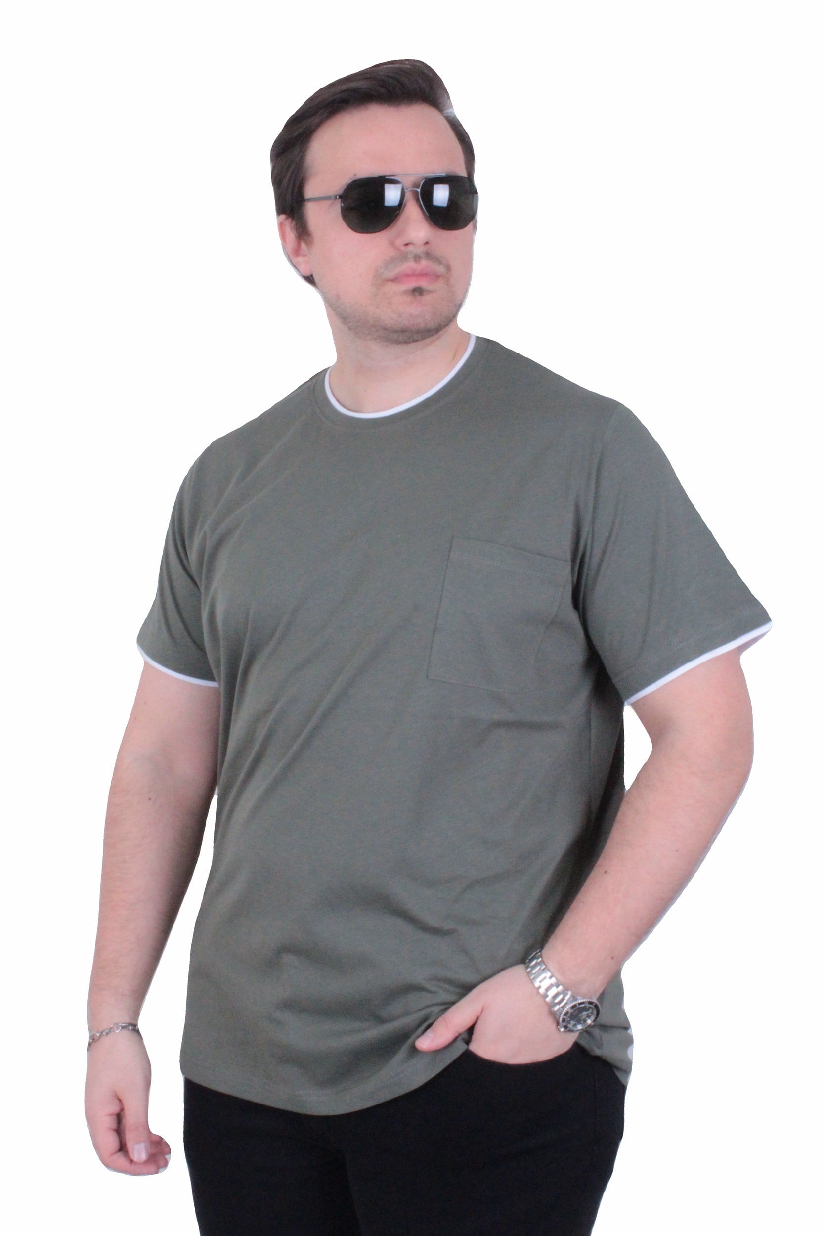 Starbattal Erkek Büyük Beden Sıfır Yaka Tişört Cepli 26143 HAKI