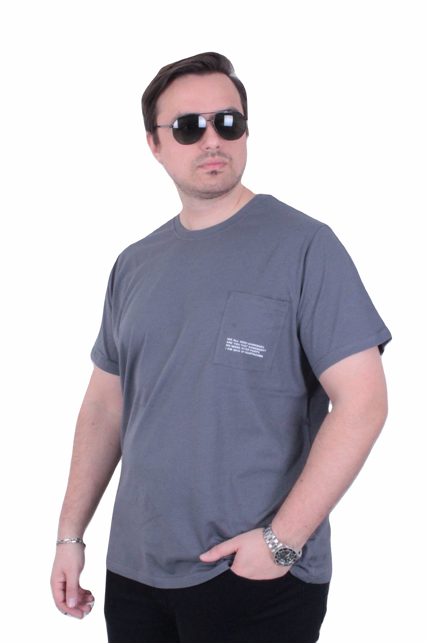 Starbattal Erkek Büyük Beden Sıfır Yaka Tişört Cepli 26145 FUME