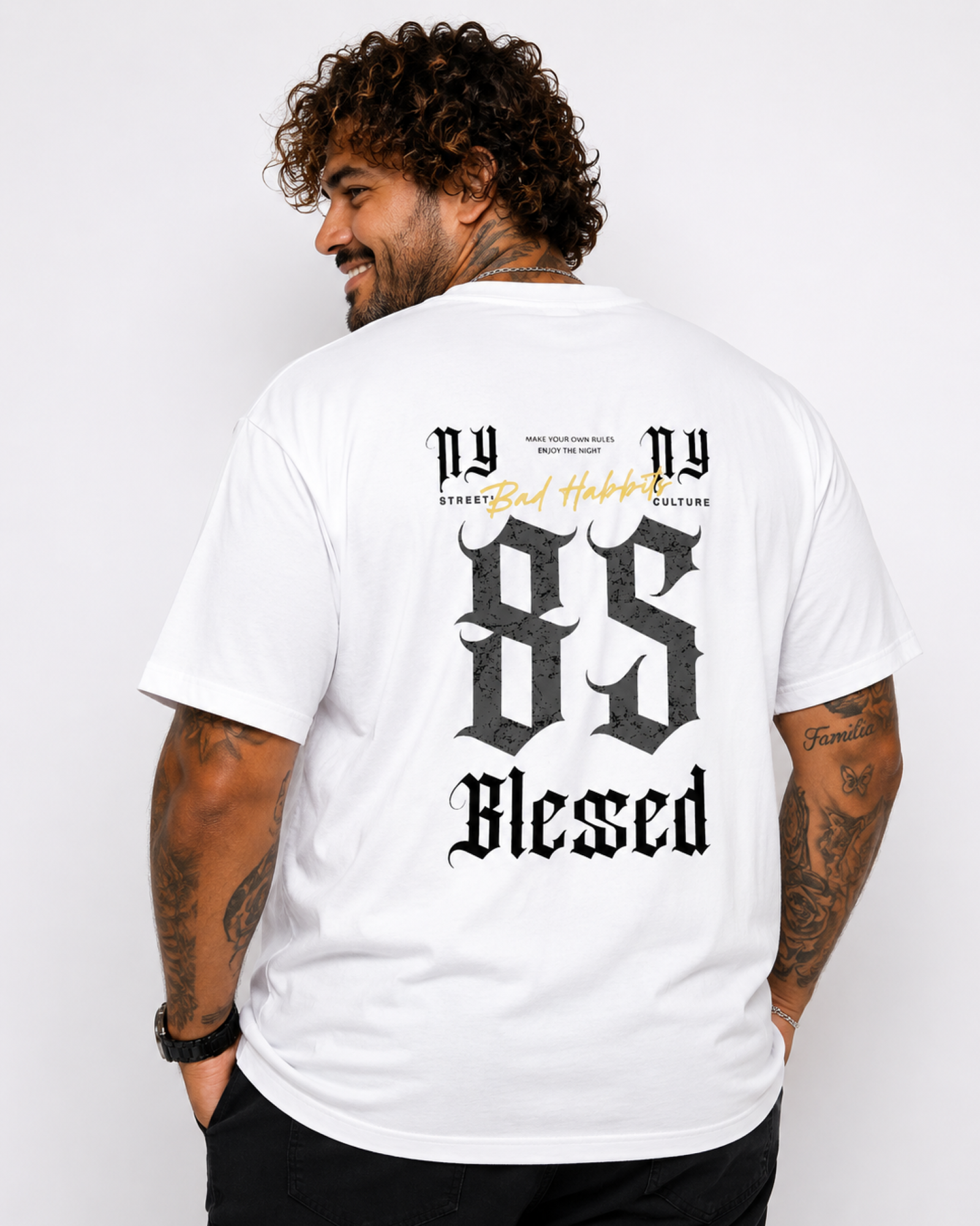Starbattal Erkek Büyük Beden Sıfır Yaka Tişört Blessed 26147 BEYAZ