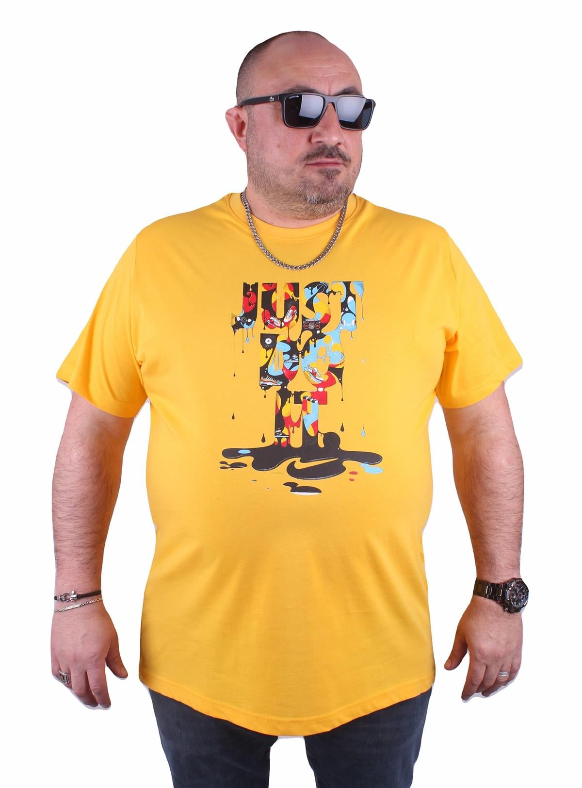 Erkek Büyük Beden Sıfır Yaka Tişört 23169 SARI