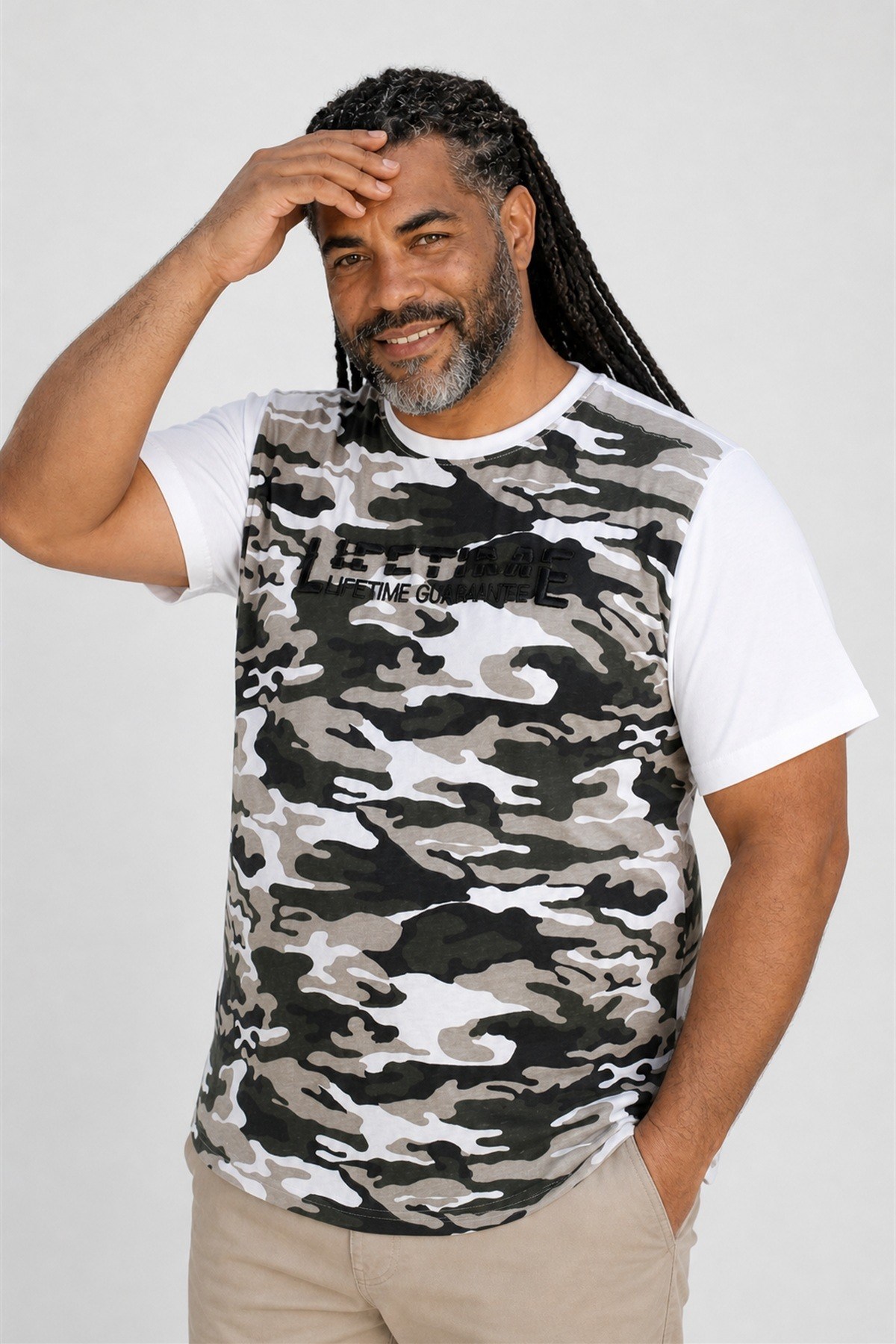 Starbattal Büyük Beden Shoulder Line Camouflage Erkek Tişört 23147 BEYAZ