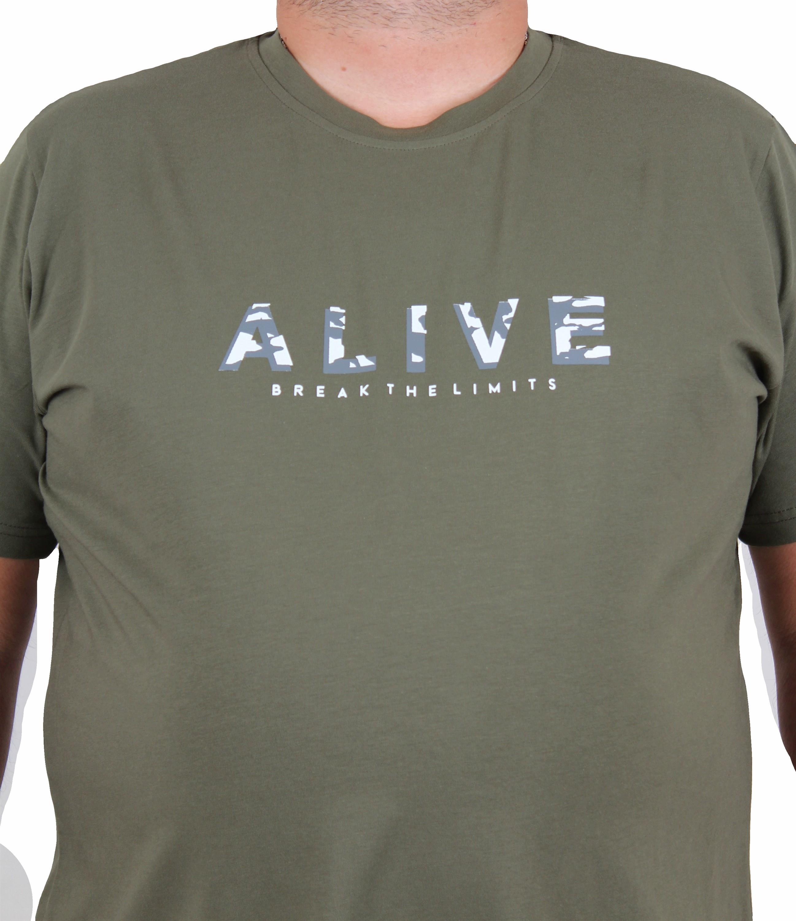 Starbattal Erkek Büyük Beden Sıfır Yaka Tişört Alive 25187 HAKI