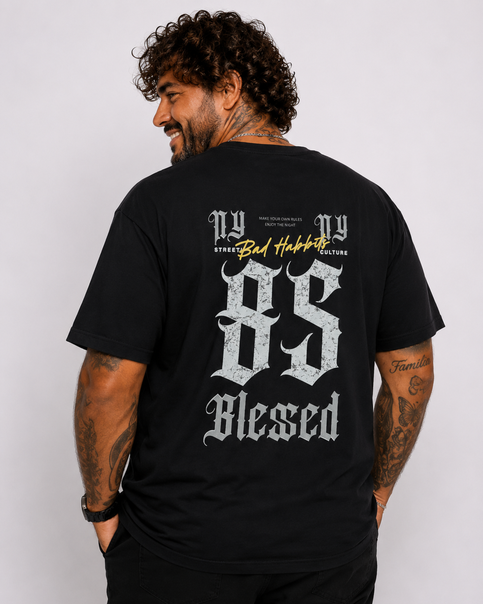 Starbattal Erkek Büyük Beden Sıfır Yaka Tişört Blessed 26147 SIYAH