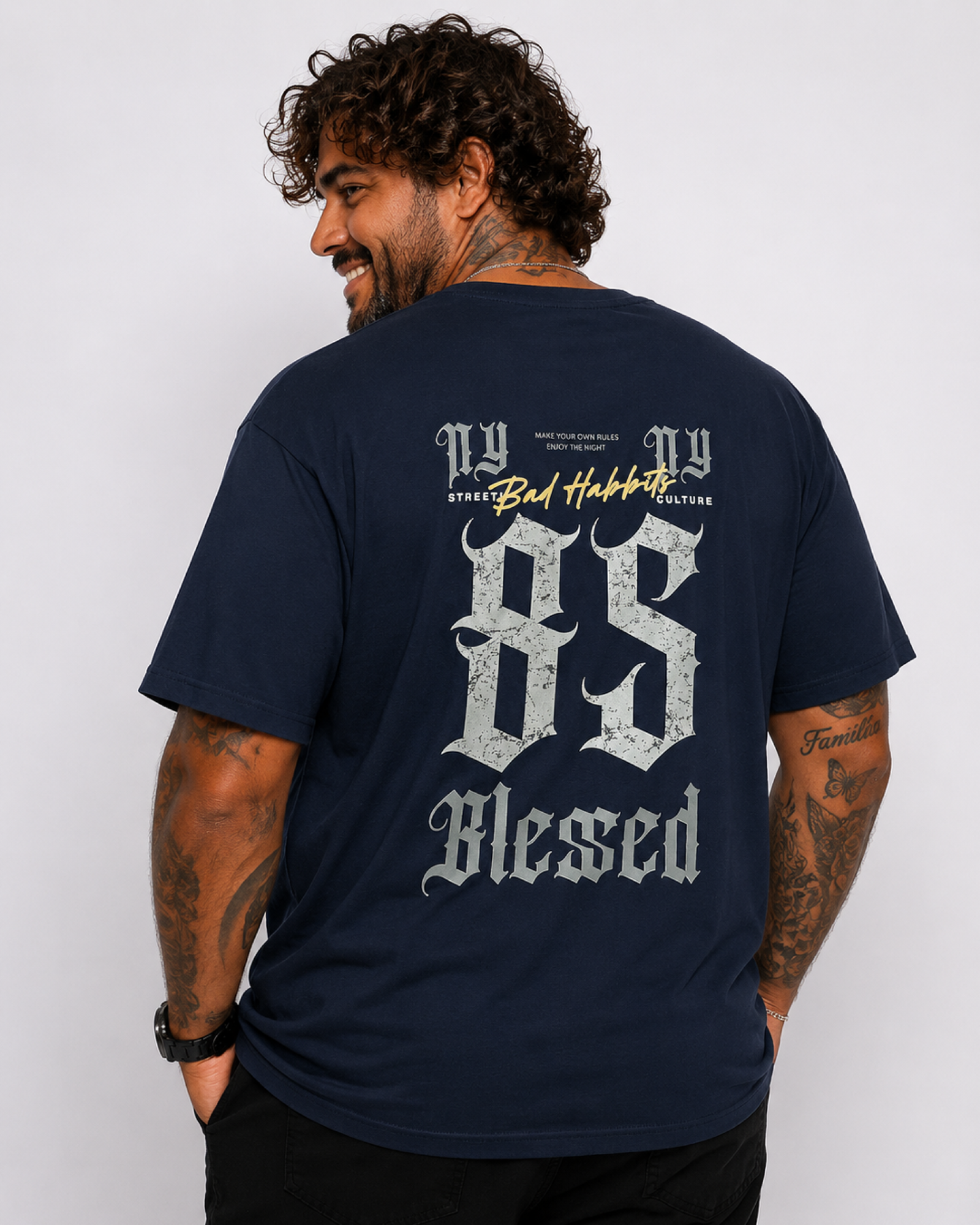 Starbattal Erkek Büyük Beden Sıfır Yaka Tişört Blessed 26147 LACIVERT