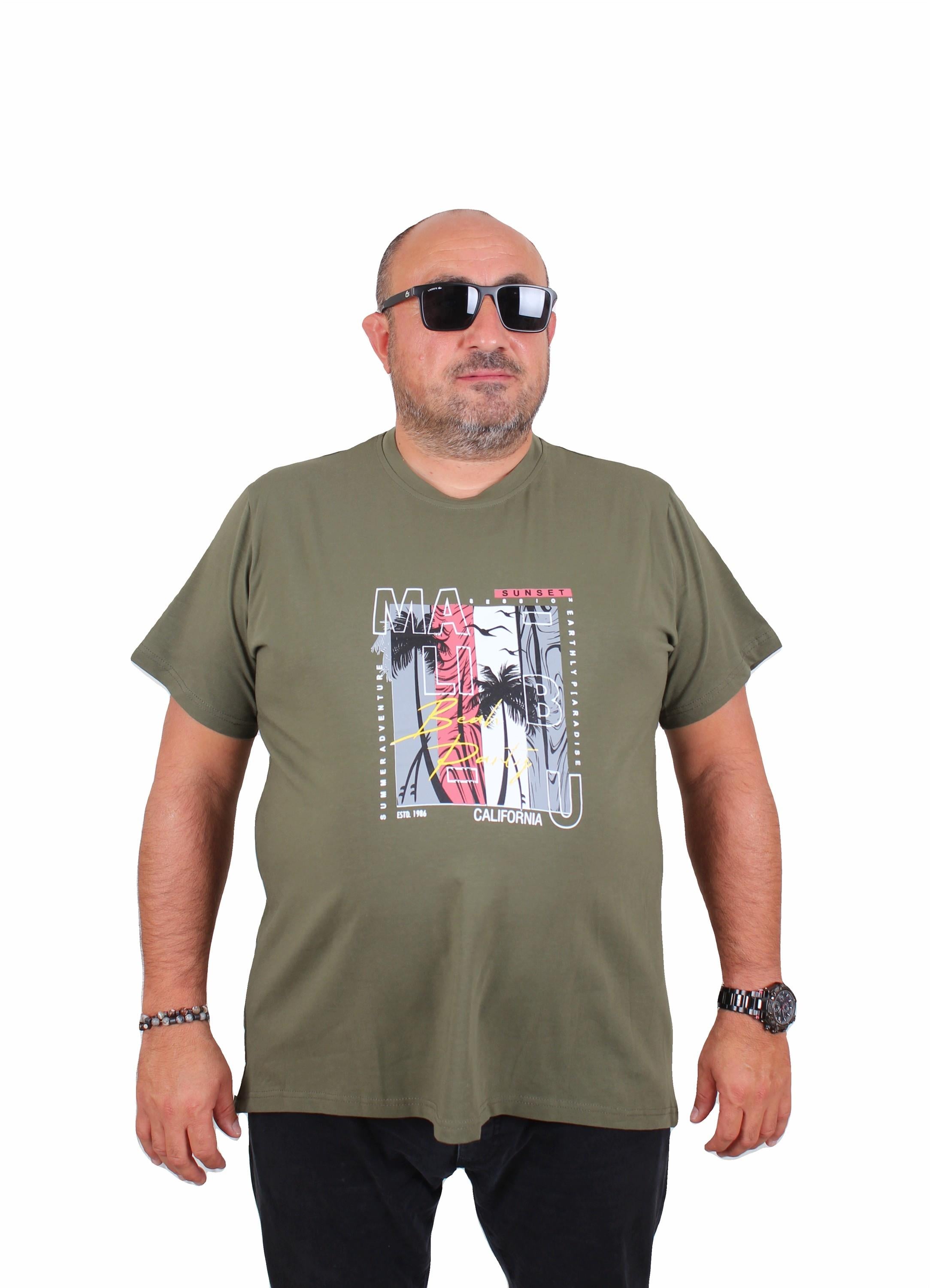 Starbattal Erkek Büyük Beden Sıfır Yaka Tişört Beach Party 25191 HAKI