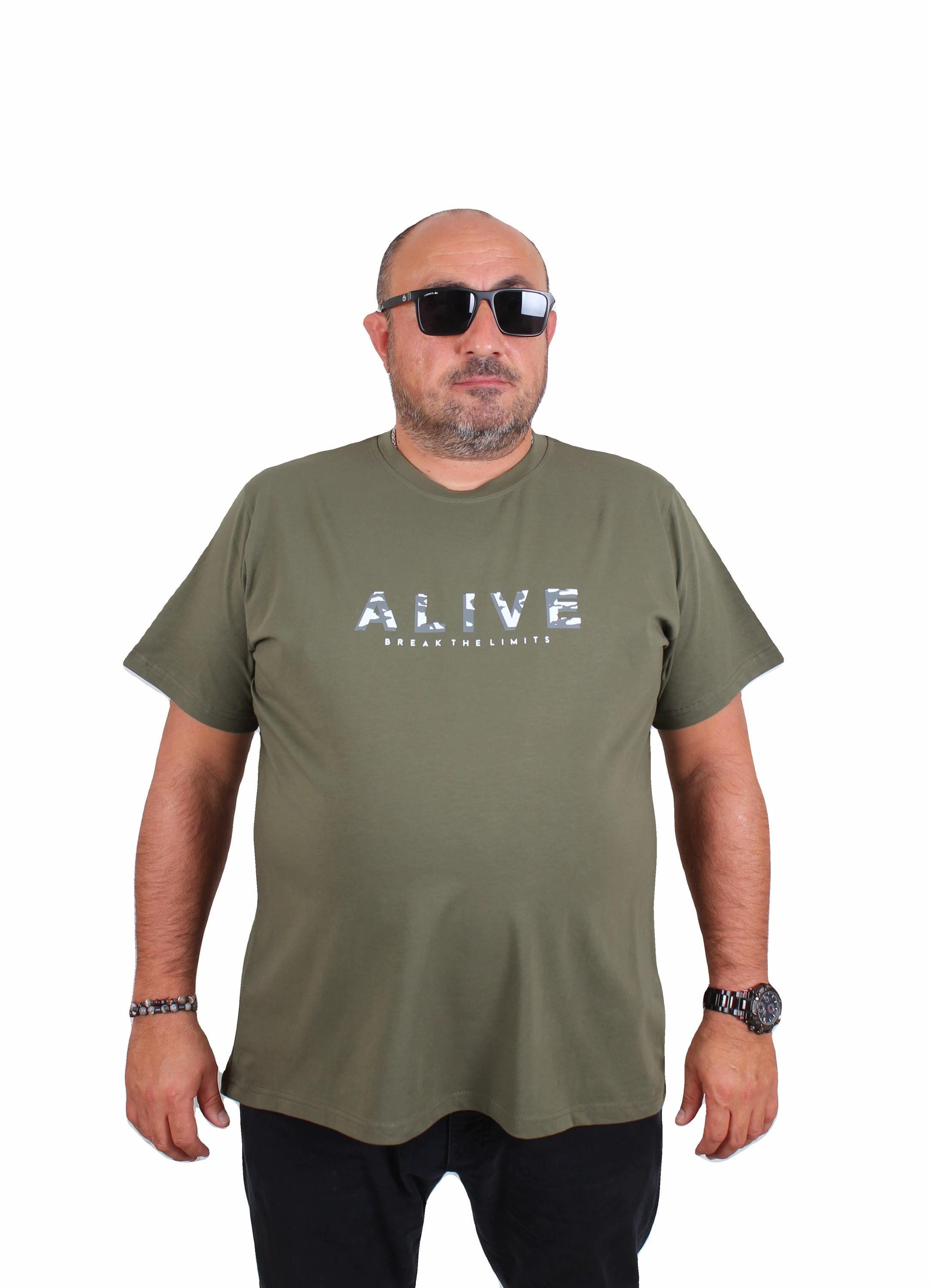 Starbattal Erkek Büyük Beden Sıfır Yaka Tişört Alive 25187 HAKI