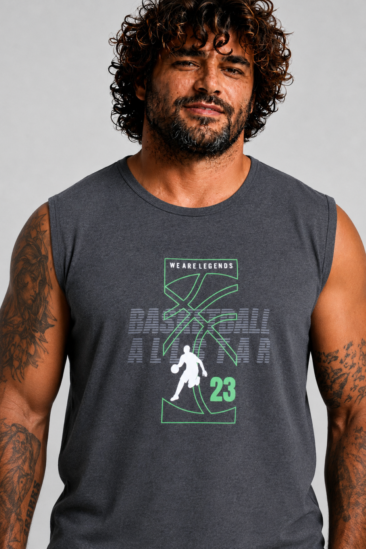 Starbattal Büyük Beden Baskılı Kolsuz Tişört Basketball 26123 ANTRASİT MELANJ