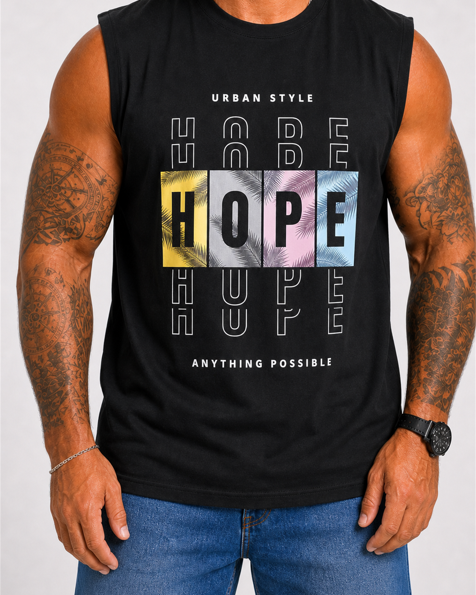 Starbattal Büyük Beden Baskılı Kolsuz Tişört Hope 26124 SIYAH