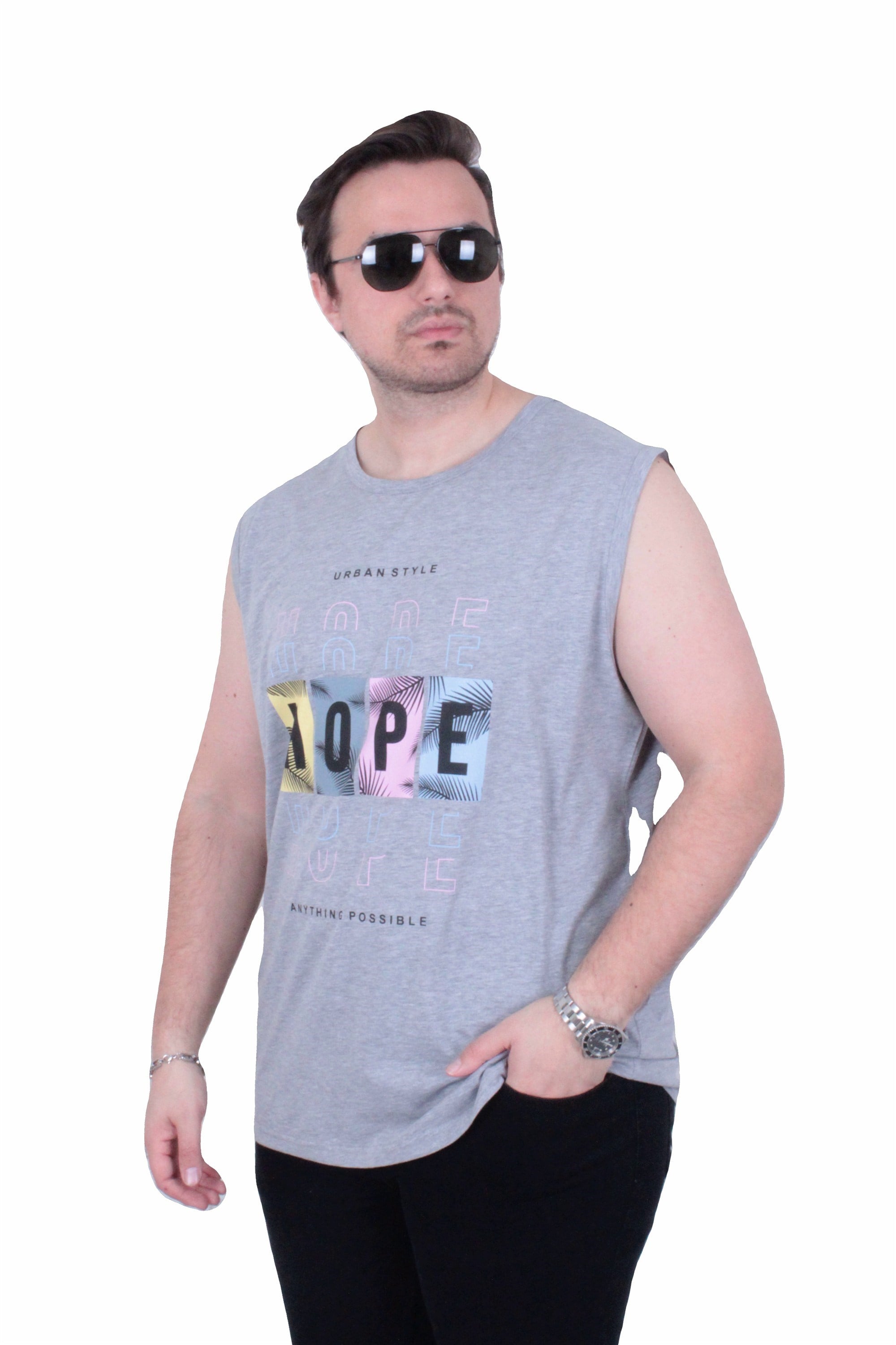 Starbattal Büyük Beden Baskılı Kolsuz Tişört Hope 26124 GRI MELANJ