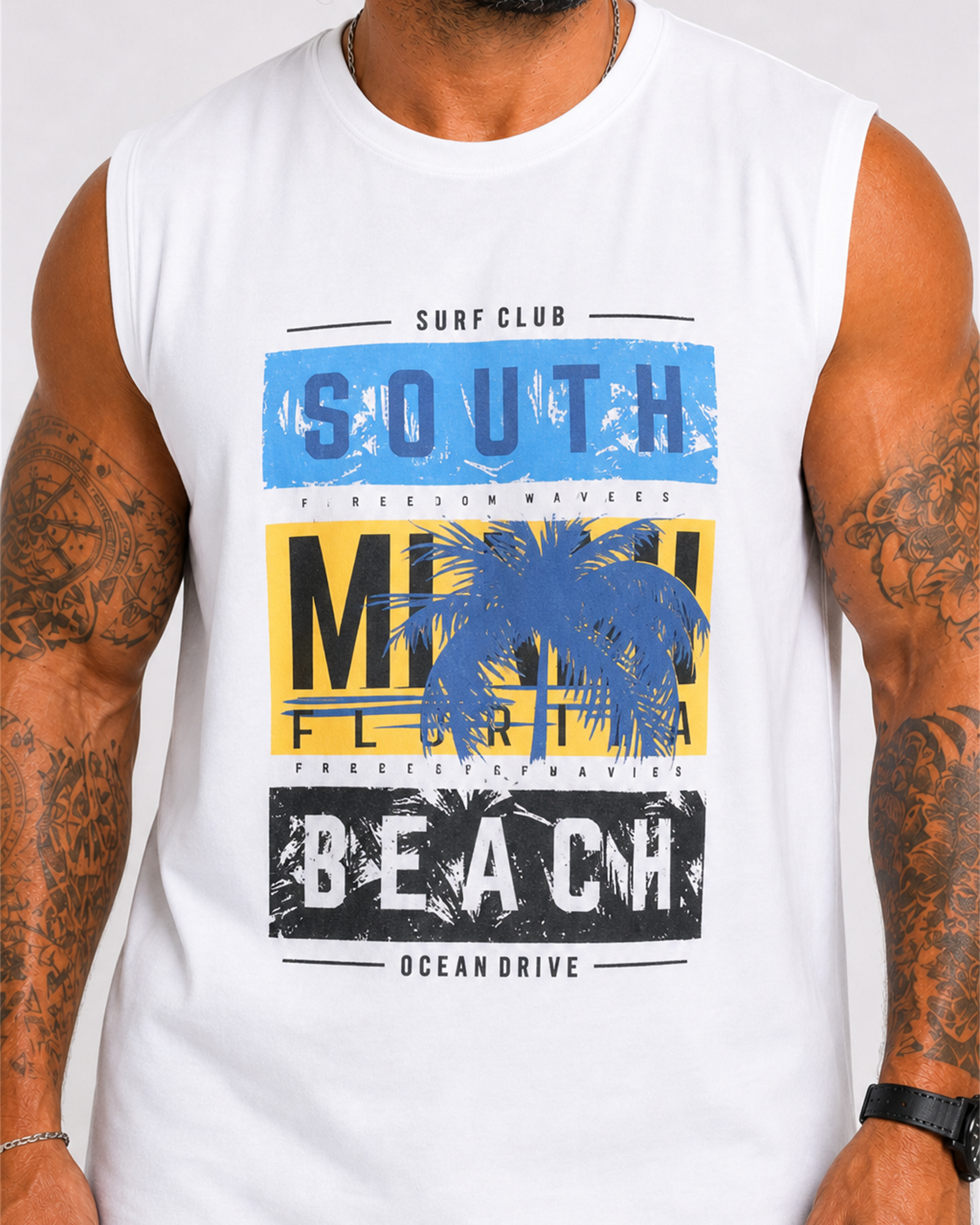 Starbattal Büyük Beden Baskılı Kolsuz Tişört Miami Beach 26126 BEYAZ