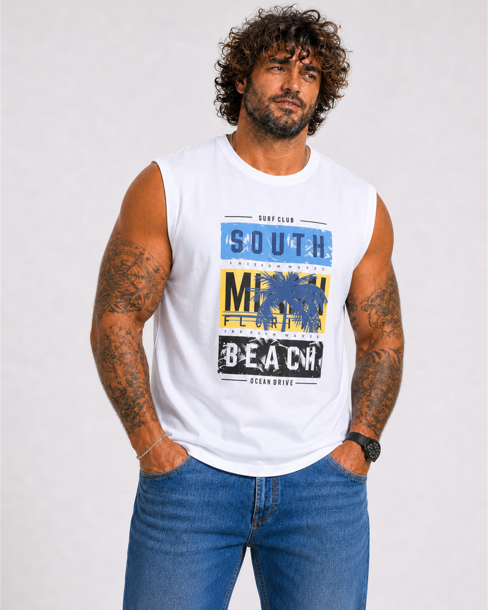 Starbattal Büyük Beden Baskılı Kolsuz Tişört Miami Beach 26126 BEYAZ