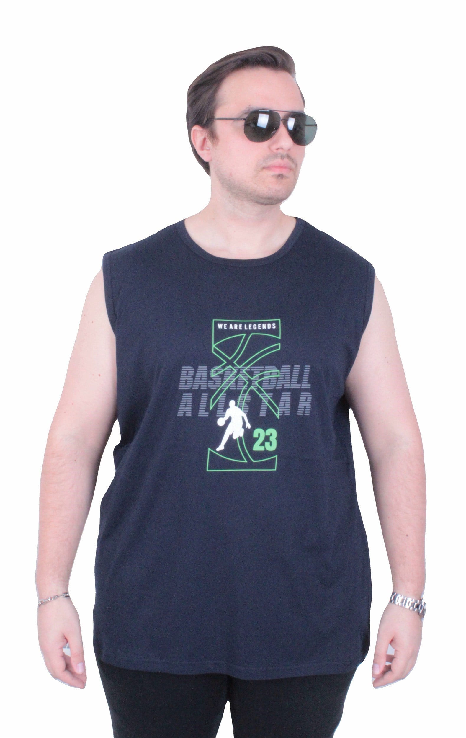 Starbattal Büyük Beden Baskılı Kolsuz Tişört Basketball 26123 LACIVERT