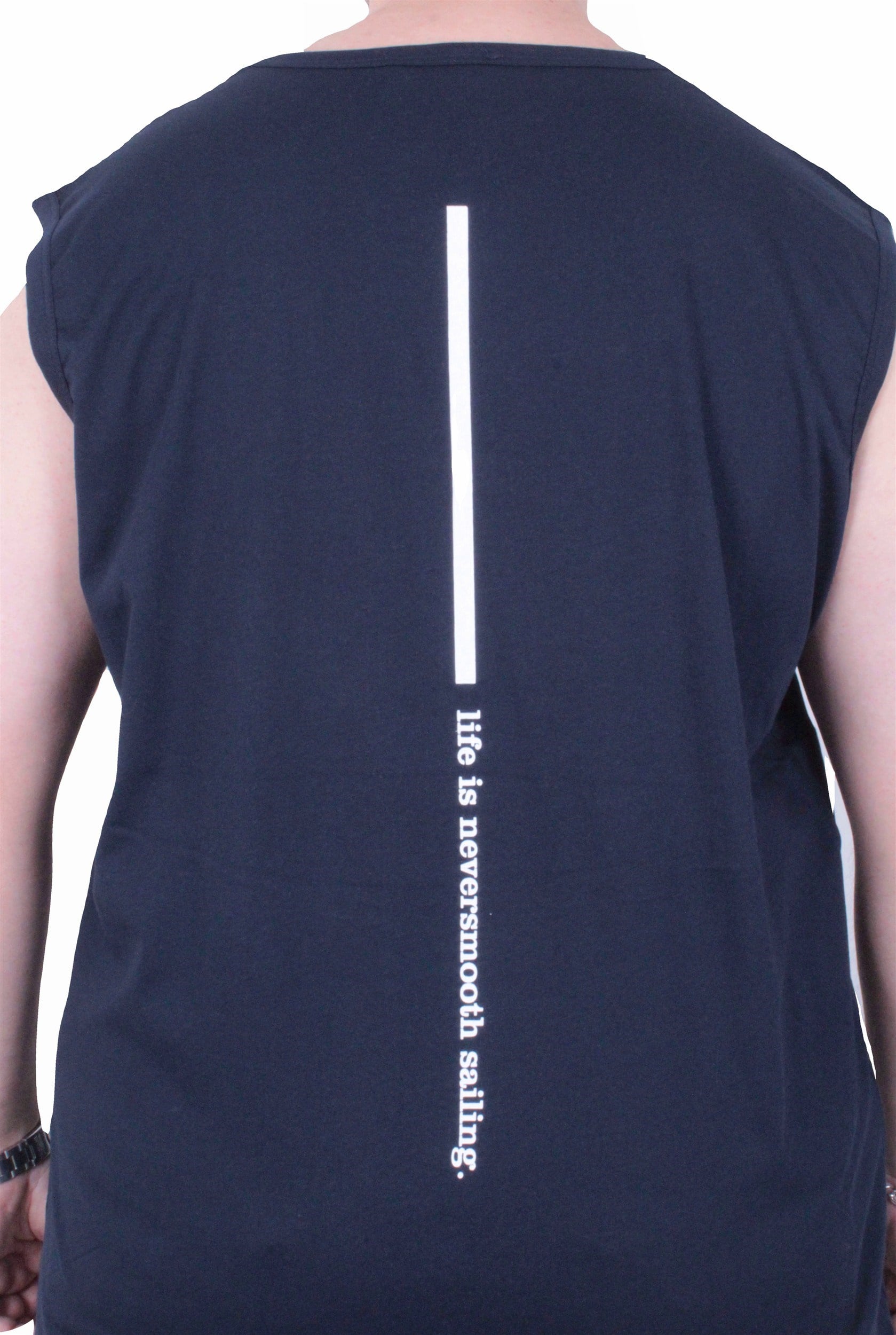 Starbattal Büyük Beden Baskılı Kolsuz Tişört Life is Never 26121 LACIVERT