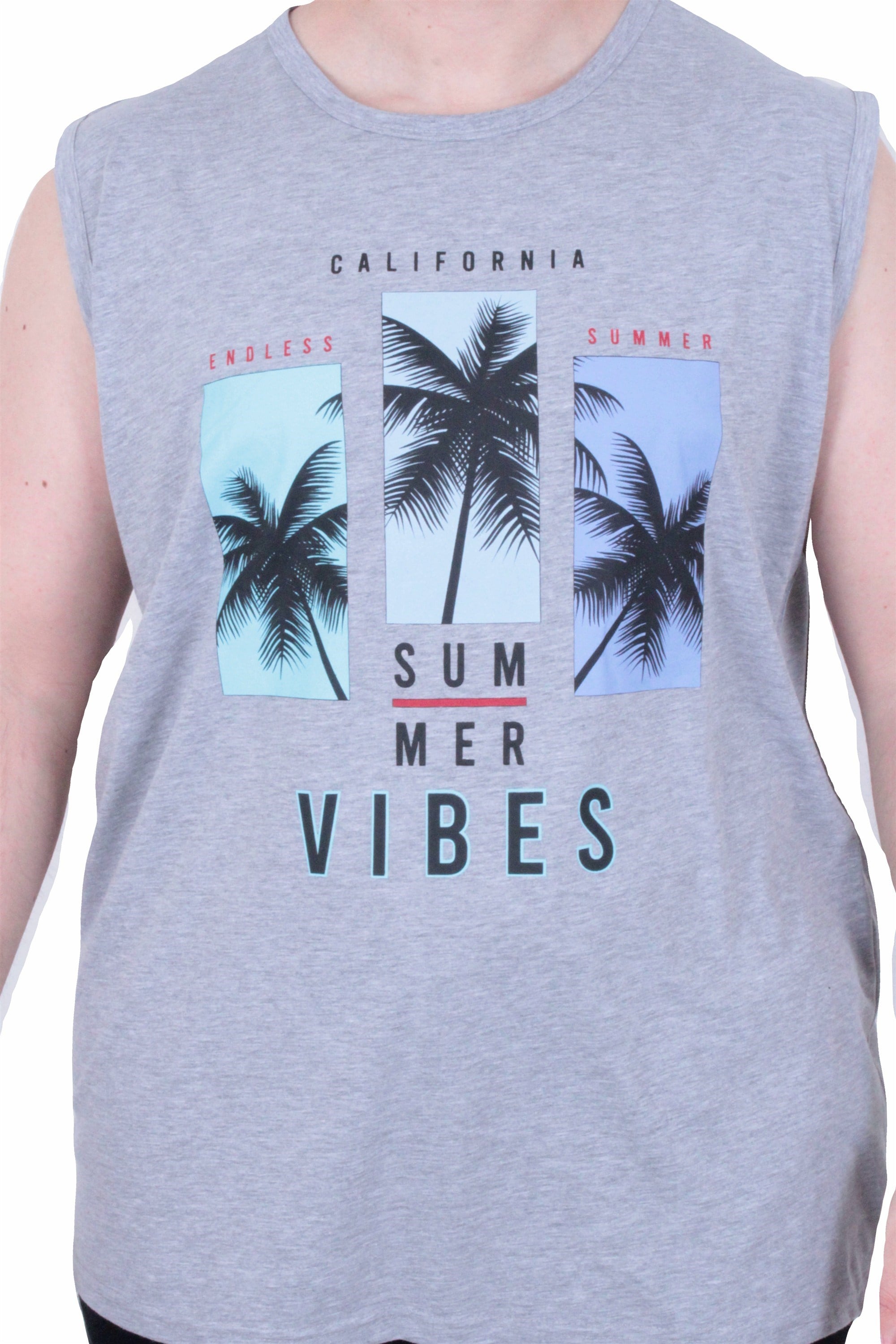 Starbattal Büyük Beden Baskılı Kolsuz Tişört Summer Vıbes 26125 GRI MELANJ